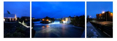 This triptych, made Wednesday from the Post Street Bridge, shows the Spokane River and falls. Their shape and flow have morphed according to human commerce and catastrophe, including the Great Fire of 1889. (CHRISTOPHER ANDERSON / The Spokesman-Review)