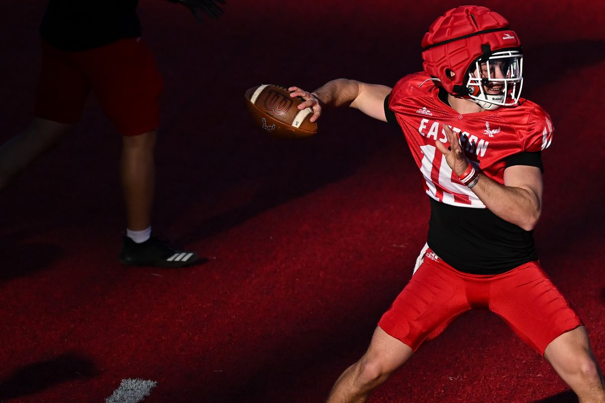 Eastern Washington Eagles quarterback Jared Taylor (15) throws during EWU’s 2025 Red-White Game on Friday, Apr. 18, 2025, on Roos Field in Cheney, Wash.  (Tyler Tjomsland/The Spokesman-Review)