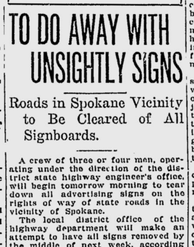 “A crew of three or four men” began tearing down billboards in public rights-of-way on this day 100 years ago.  (S-R archives)