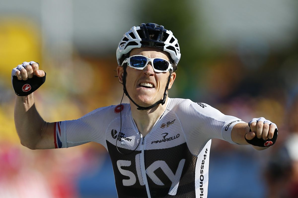 Britain’s Geraint Thomas celebrates as he crosses the finish line to win the eleventh stage of the Tour de France cycling race over 108.5 kilometers (67.4 miles) with start in Albertville and finish in La Rosiere Espace San Bernardo, France. (Peter Dejong / Associated Press)