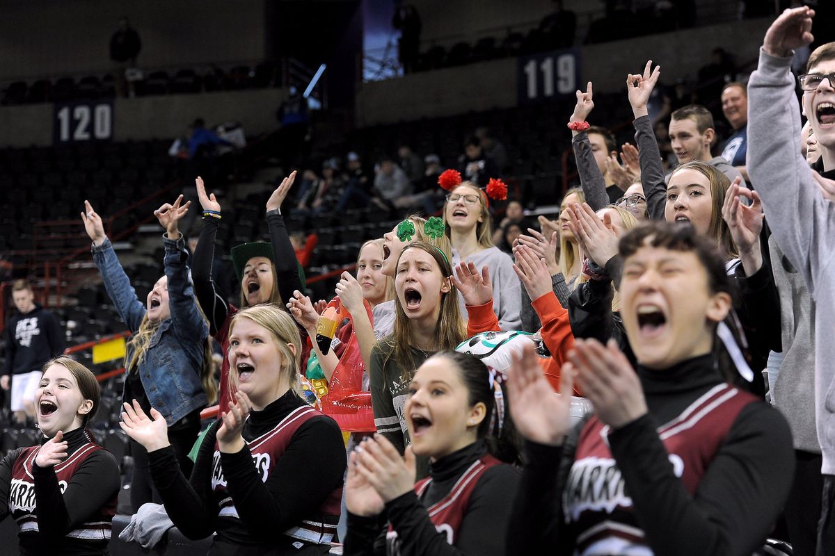 Fans of Almira/Coulee-Hartline Warriors cheer on their team during the game against Rainier Christian Mustangs in the State 1B game at the Spokane Arena on Wednesday, March 4, 2020. The Warriors won 62-30. (Kathy Plonka / The Spokesman-Review)