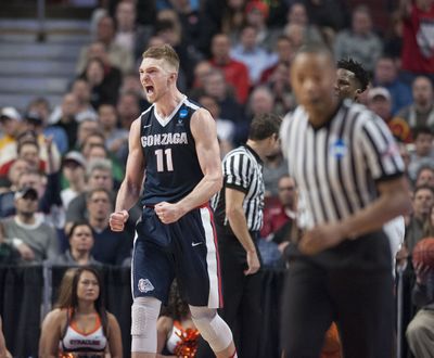 Gonzaga forward Domantas Sabonis roars with delight after a call goes the Zags’ way against Syracuse in the 2016 Sweet 16 in Chicago.  (FILE PHOTO/THE SPOKESMAN-REVIEW)