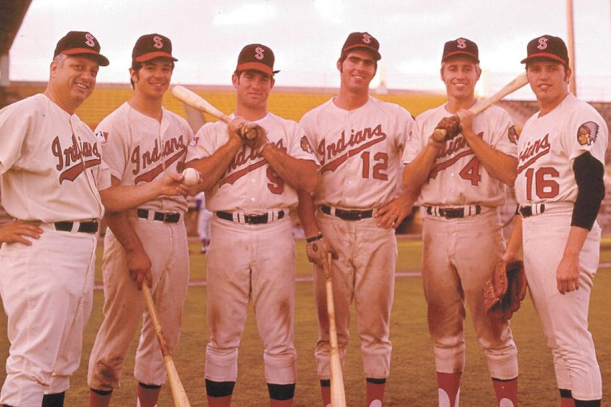 Key members of the 1970 Spokane Indians included, from left, manager Tom Lasorda and players Bobby Valentine, Steve Garvey, Bill Buckner, Tommy Hutton and Bob O’Brien. (Courtesy)