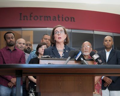 In this May 27, 2017,  photo, Oregon Gov. Kate Brown speaks at a news conference in Portland, Ore. (Gillian Flaccus / Associated Press)