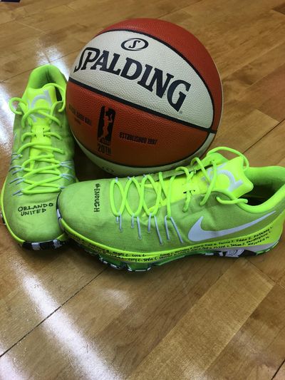 The Seattle Storm’s Breanna Stewart plans to auction off these shoes, worn June 16 in a game against Dallas, to benefit the OneOrlando fund. (Kimberly Veale / Associated Press)