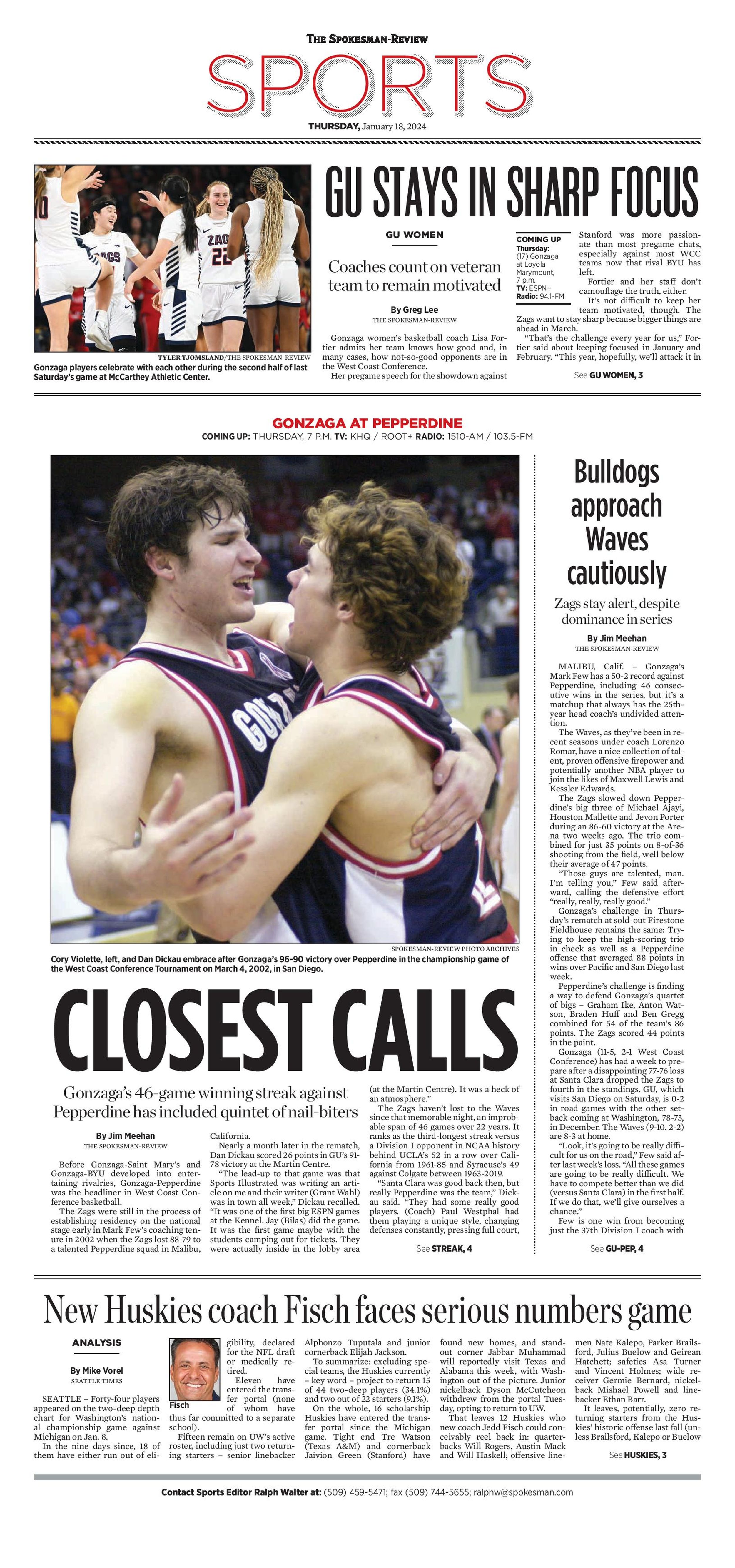 Sports Front Page For Jan 18 2024 The Spokesman Review   2024 01 18 SSR B 001 Page 001 