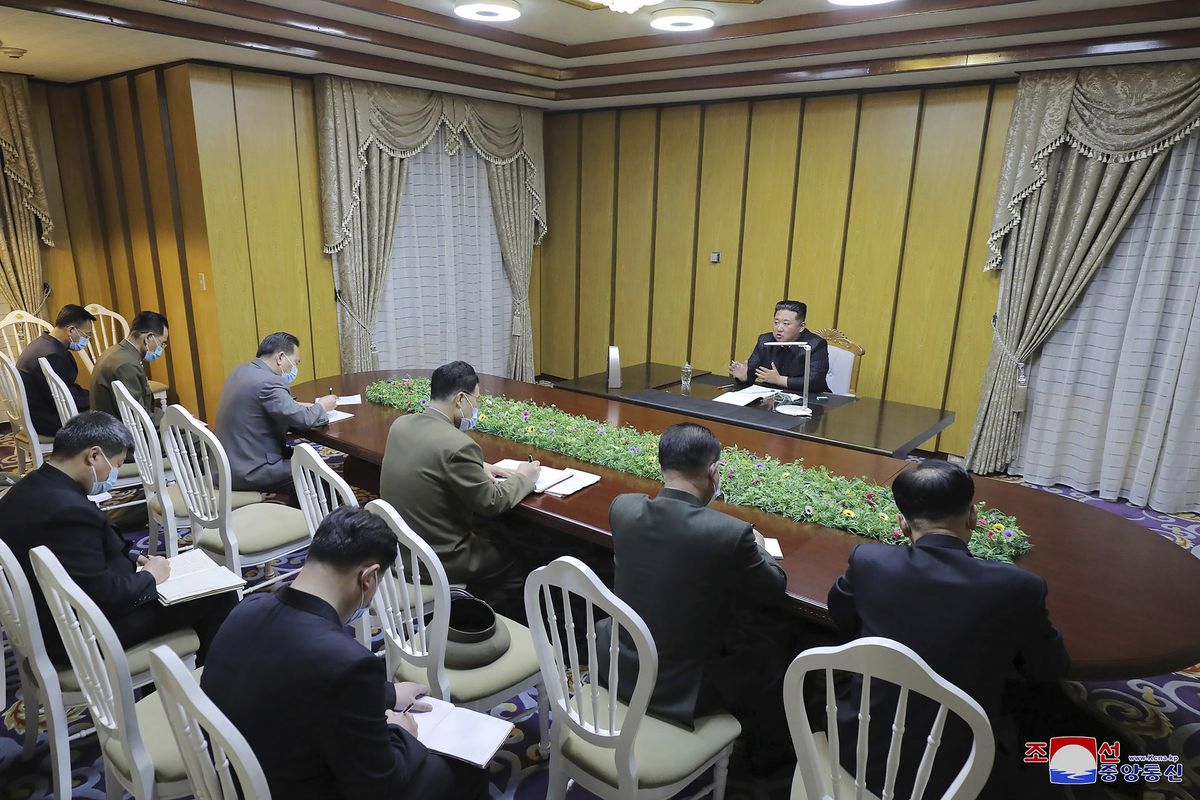 In this photo provided by the North Korean government, North Korean leader Kim Jong Un, top, visits state emergency epidemic prevention headquarters in North Korea Thursday, May 12, 2022. Independent journalists were not given access to cover the event depicted in this image distributed by the North Korean government. The content of this image is as provided and cannot be independently verified. Korean language watermark on image as provided by source reads: "KCNA" which is the abbreviation for Korean Central News Agency.  (HOGP)