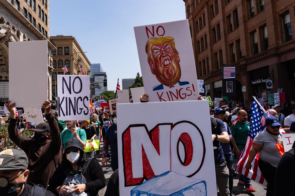 A protest in Los Angeles kicks off Saturday as “No Kings” rallies span the country in communities big and small. MUST CREDIT: Salwan Georges/The Washington Post  (Salwan Georges/The Washington Post)