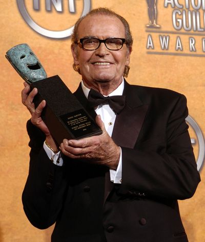 FILE - James Garner holds the 41st annual life achievement award backstage at the 11th annual Screen Actors Guild Awards in this Saturday, Feb. 5, 2005 file photo taken in Los Angeles. (Chris Pizzello)