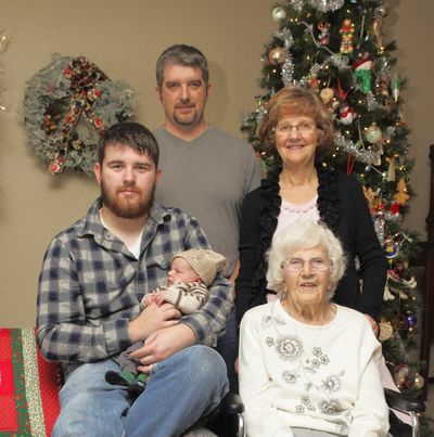 Lawrencena Barker, front right, is pictured with, clockwise from left, her great-grandson, Garret Carden, holding great-great-grandson Hudson Carden, grandson Tony Carden and daughter Marlene Carden. All are residents of Nine Mile Falls.