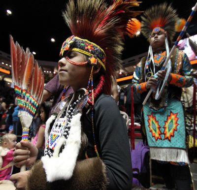 Native American and indigenous dancers prepare for the grand entry during the 29th Annual Gathering of Nations in Albuquerque, N.M., on Friday. (Associated Press)