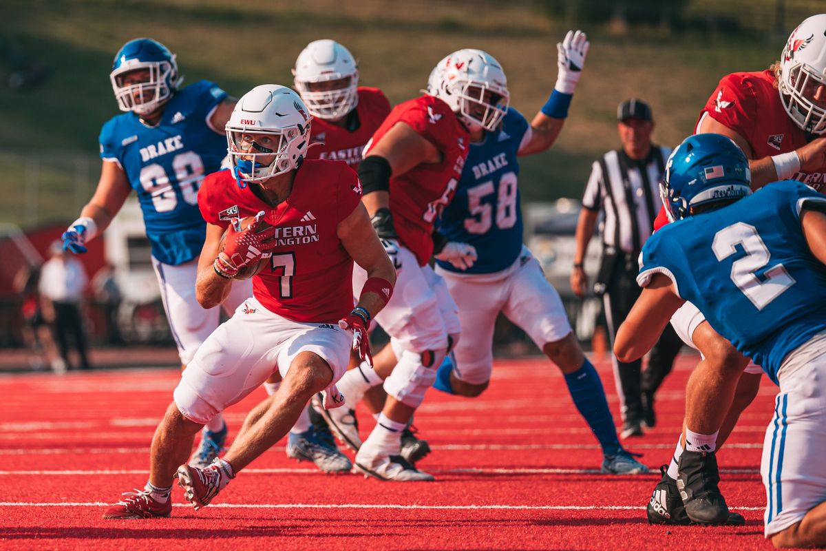 Eastern Washington receiver Efton Chism III looks for running room during Saturday’s nonconference game against Drake in Cheney.  (Courtesy of EWU Athletics)