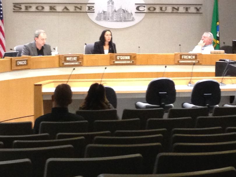 Spokane County Commissioners Todd Mielke, Shelly O'Quinn and Al French (from left) discuss the Spokane Transit Authority sales tax increase ballot measure Tuesday, March 31. (Kip Hill)