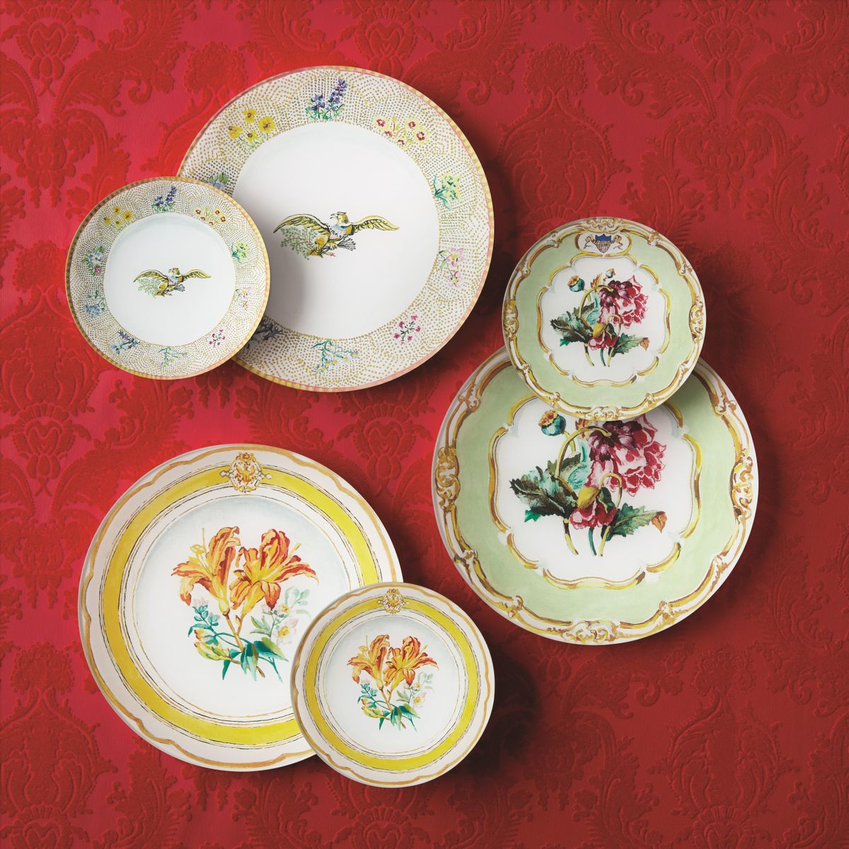 A collection of glass decoupage plates inspired by official White House china sets is a collaboration between designer John Derian and artist Katharine Barnwell for the White House Historical Association. Six different presidential patterns are included. Clockwise from top: Johnson, Polk and Grant. (White House Historical Associati / White House Historical Association)