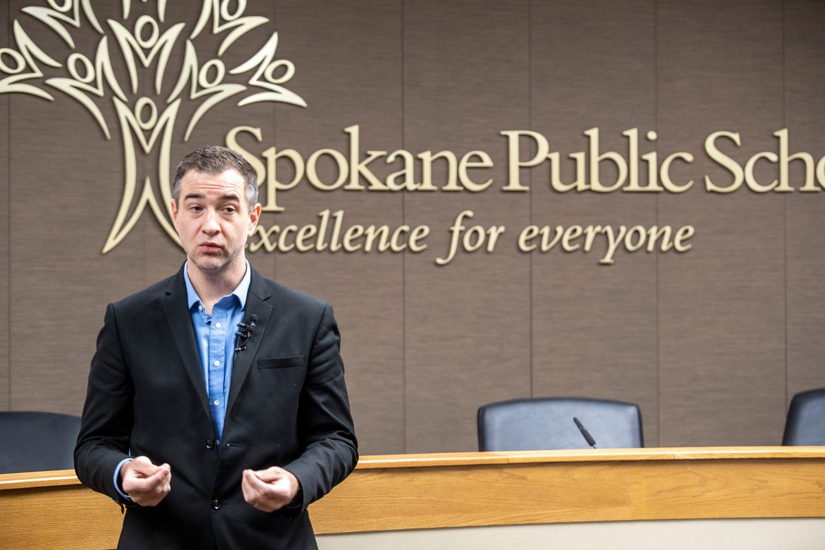 Superintendent of Spokane Public Schools Adam Swinyard talks about the hoax threat at Lewis and Clark High School and what the district and Spokane Police learned from it. Swinyard spoke to the media about subject Tuesday, Jan. 24, 2023 at the SPS District Office.  (Jesse Tinsley/THE SPOKESMAN-REVIEW)