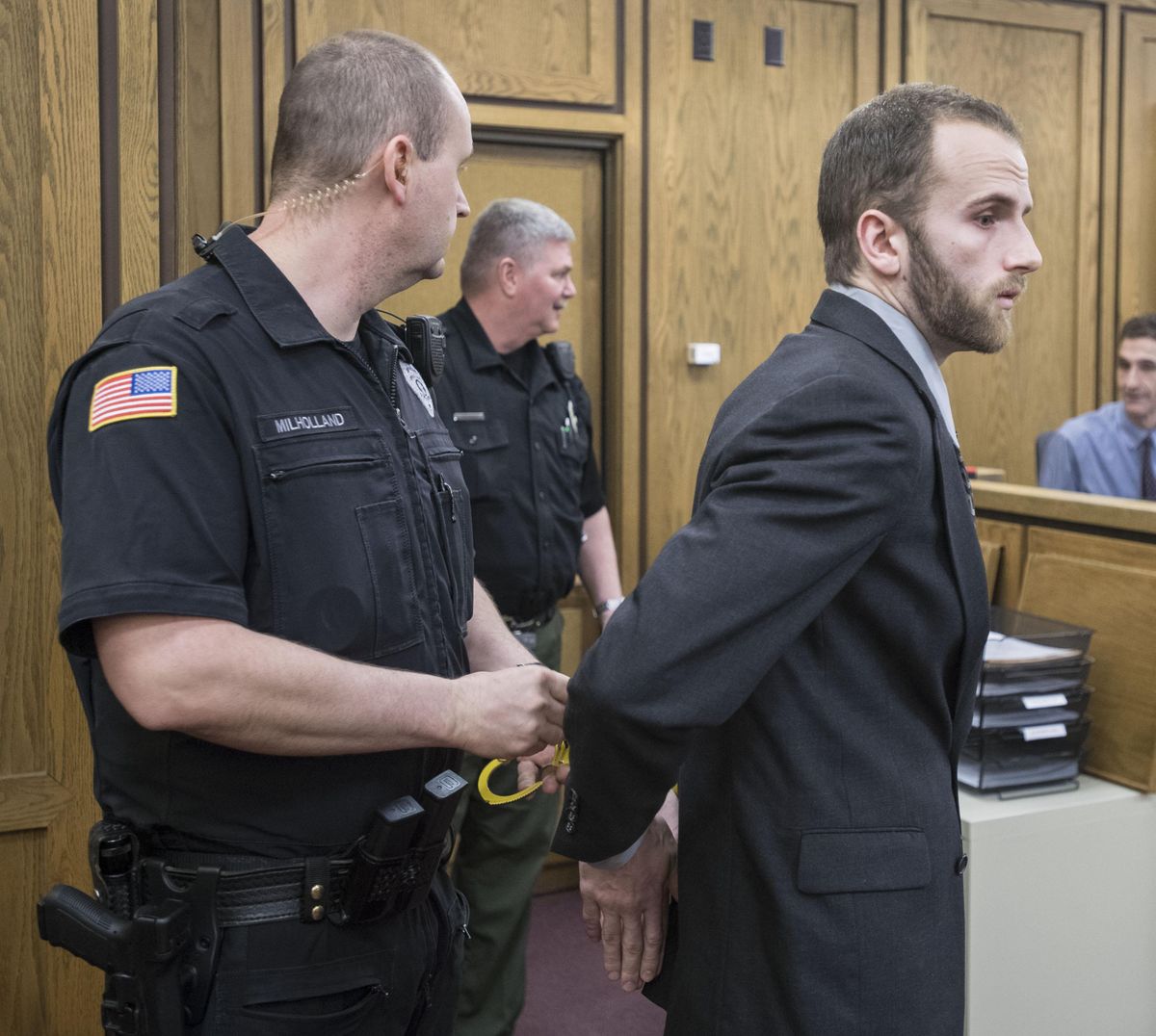 John T. Mellgren, 26, who was convicted of attempted first-degree murder, enters court, April 13, 2017, in Spokane. He was convicted of using a baseball bat to beat Robert “Drew” Schreiber, 22, a former student at Eastern Washington University and a member of the track team. Appellate judges dismissed the attempted murder conviction on Tuesday because of a technicality. (Dan Pelle / The Spokesman-Review)