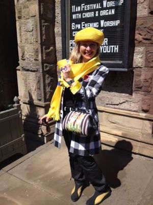 Ruth Beberman sports her yellow scarf made by a Spokane woman named Katie  (Courtesy of Old South Boston Facebook page)
