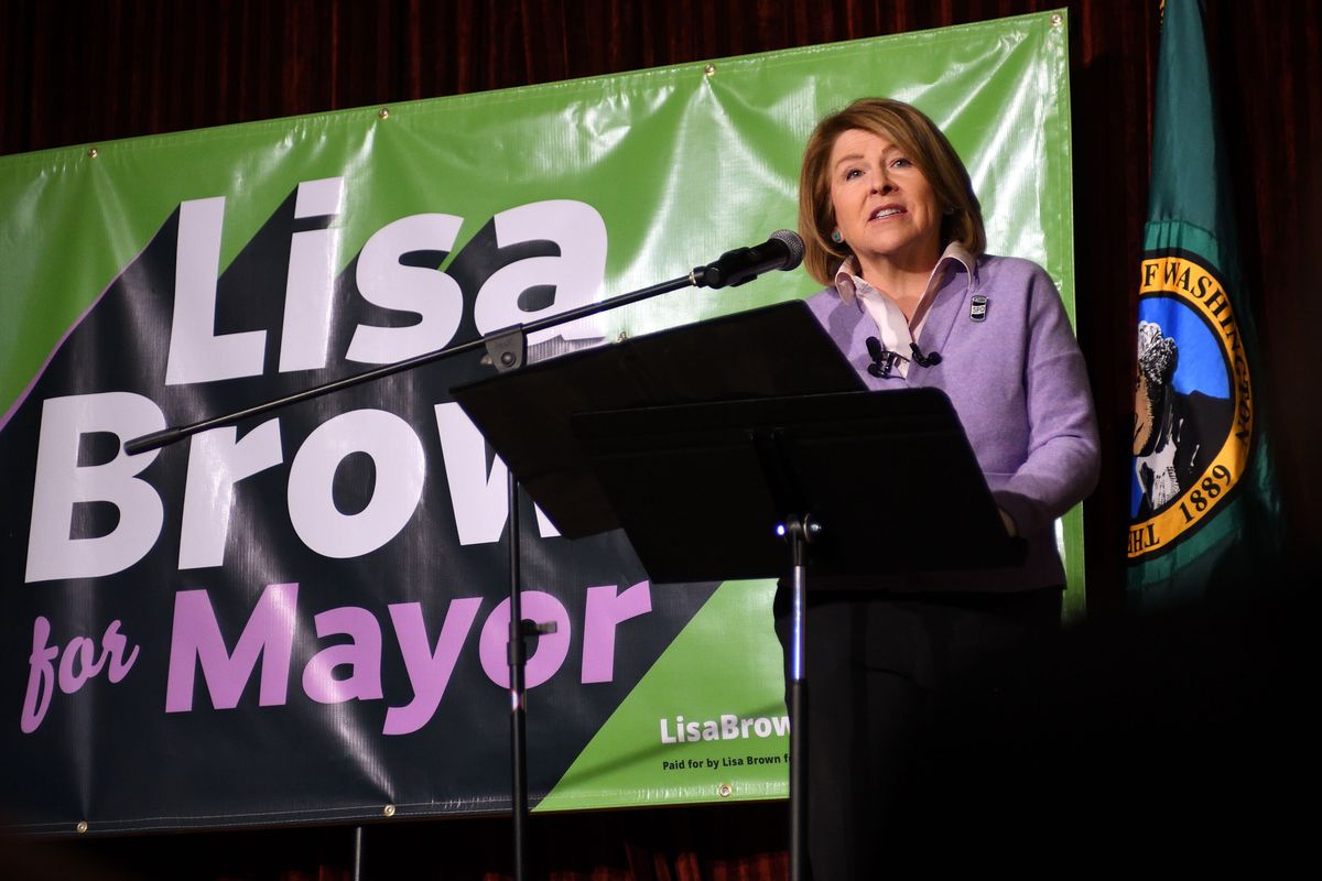 Lisa Brown announces bid for mayor of Spokane in a news conference on Thursday.  (COLIN TIERNAN/The Spokesman-Review)