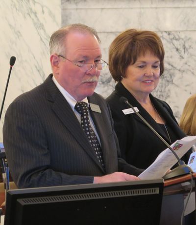 Rep. Fred Wood, left, and Sen. Patti Anne Lodge, right, present the report of the Joint Millennium Fund Committee to JFAC on Thursday, Feb. 8, 2018. (Betsy Z. Russell)