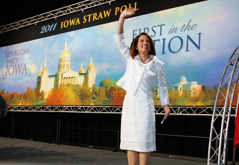 Republican presidential candidate Rep. Michele Bachmann, R-Minn., takes to the stage to speak at the Republican Party’s Straw Poll in Ames, Iowa, on Saturday. (Associated Press)