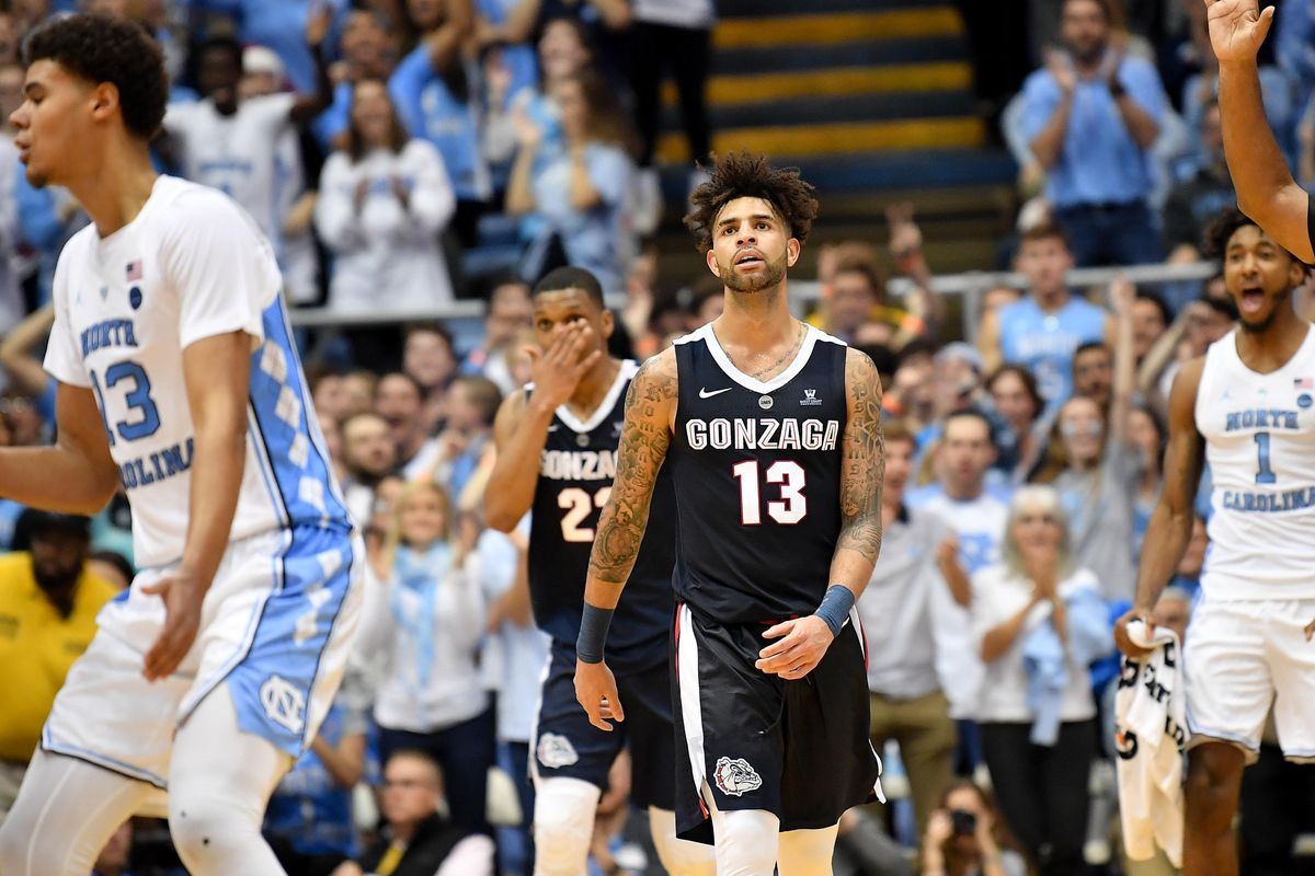 Gonzaga Bulldogs guard Josh Perkins (13) reacts to a turnover against the North Carolina Tar Heels during the second half of a college basketball game on Saturday, December 15, 2018, on Roy Williams Court at the Dean E. Smith Center in Chapel Hill, North Carolina. The North Carolina Tar Heels won the game 103-90. (Tyler Tjomsland / The Spokesman-Review)