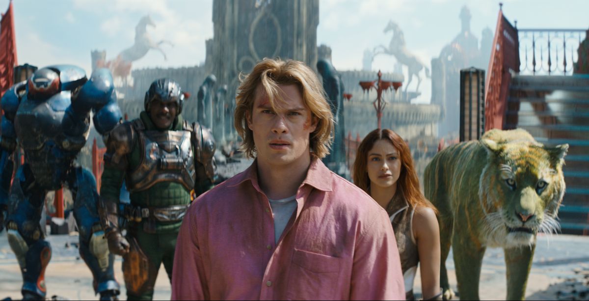 From left: Roboto (Kristen Wiig), Man At Arms (Idris Elba), Adam (Nicholas Galitzine), Teela (Camila Mendes) and Cringer in "Masters of the Universe." (Amazon MGM Studios/Amazon MGM Studios/TNS)