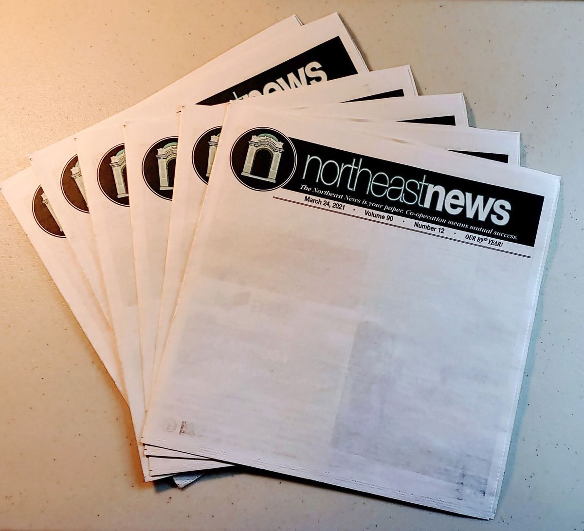 Copies of the March 24, 2021 edition of The Northeast News featuring a blank front page appear in Kansas City, Mo. on March 26, 2021. The paper chose to leave the front page of their March 24 issue blank to show community members what they