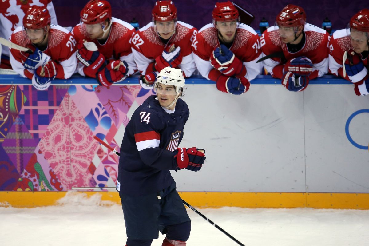 USA forward T.J. Oshie reacts after scoring the winning goal in a shootout against Russia during overtime of a men