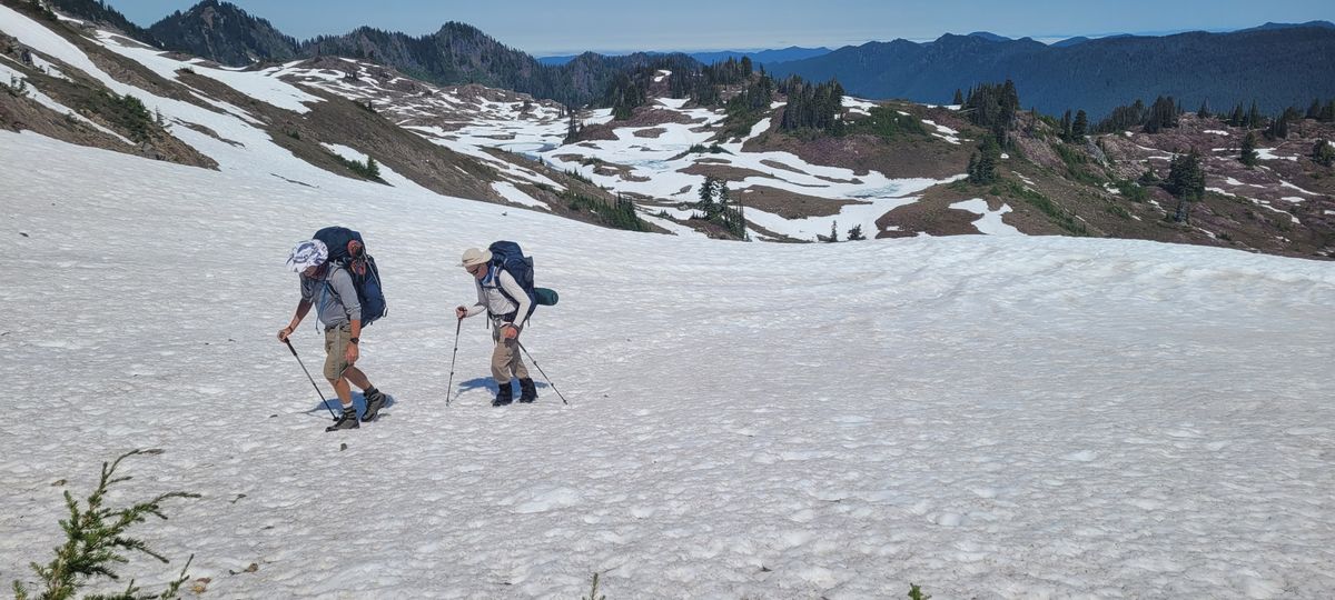 A few snowfields remained as winter snows melted in late June in Seven Lakes Basin. (Matt Folwell)