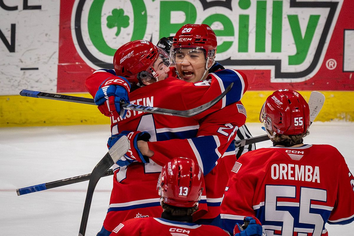 Spokane Chiefs right wing Assanali Sarkenov (28) celebrates his goal against Portland Winterhawks during the first period, Friday, April 25, 2025, in the Spokane Arena.  (COLIN MULVANY)