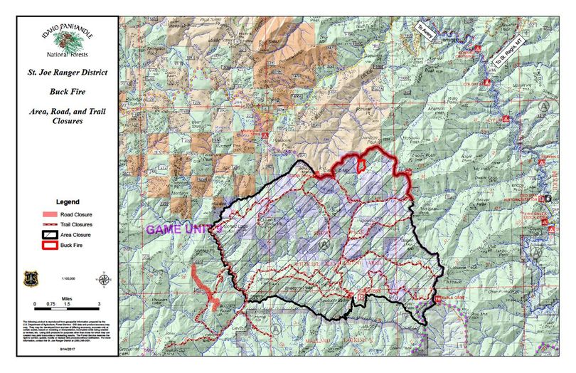 Buck Fire closure on the St. Joe River District posted Aug. 15, 2017.  (U.S. Forest Service)