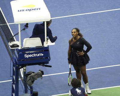 Serena Williams argues with the chair umpire during a match against Naomi Osaka, of Japan, during the women's finals of the U.S. Open tennis tournament at the USTA Billie Jean King National Tennis Center, Saturday, Sept. 8, 2018, in New York. (Greg Allen / Associated Press)