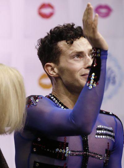 Adam Rippon waves after moving into first place in the men’s free skate program of the U.S. Figure Skating Championships, Sunday, Jan. 24, 2016, in St. Paul, Minn. Rippon won the men’s program to take the gold medal. (AP / AP)