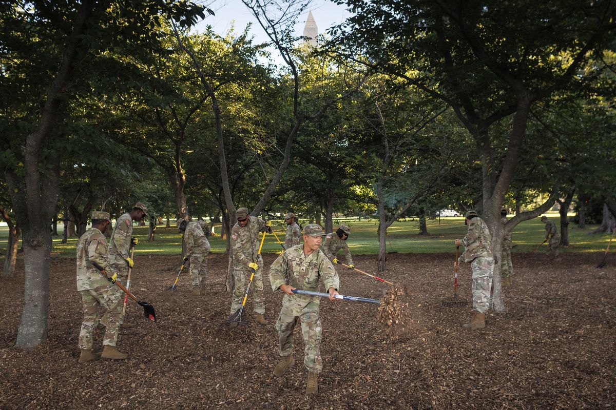 National Guard troops spread mulch around the Tidal Basin on Tuesday morning in Washington. (Tom Brenner/For the Washington Post)