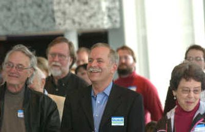 
As he runs for state lands commissioner in a state where the population tilts heavily toward the west, Okanogan County farmer and rancher Peter Goldmark – shown here at a recent Seattle fundraiser – has raised  roughly $250,000, more than half of it from Seattle-area donors. 
 (RICHARD ROESLER / The Spokesman-Review)