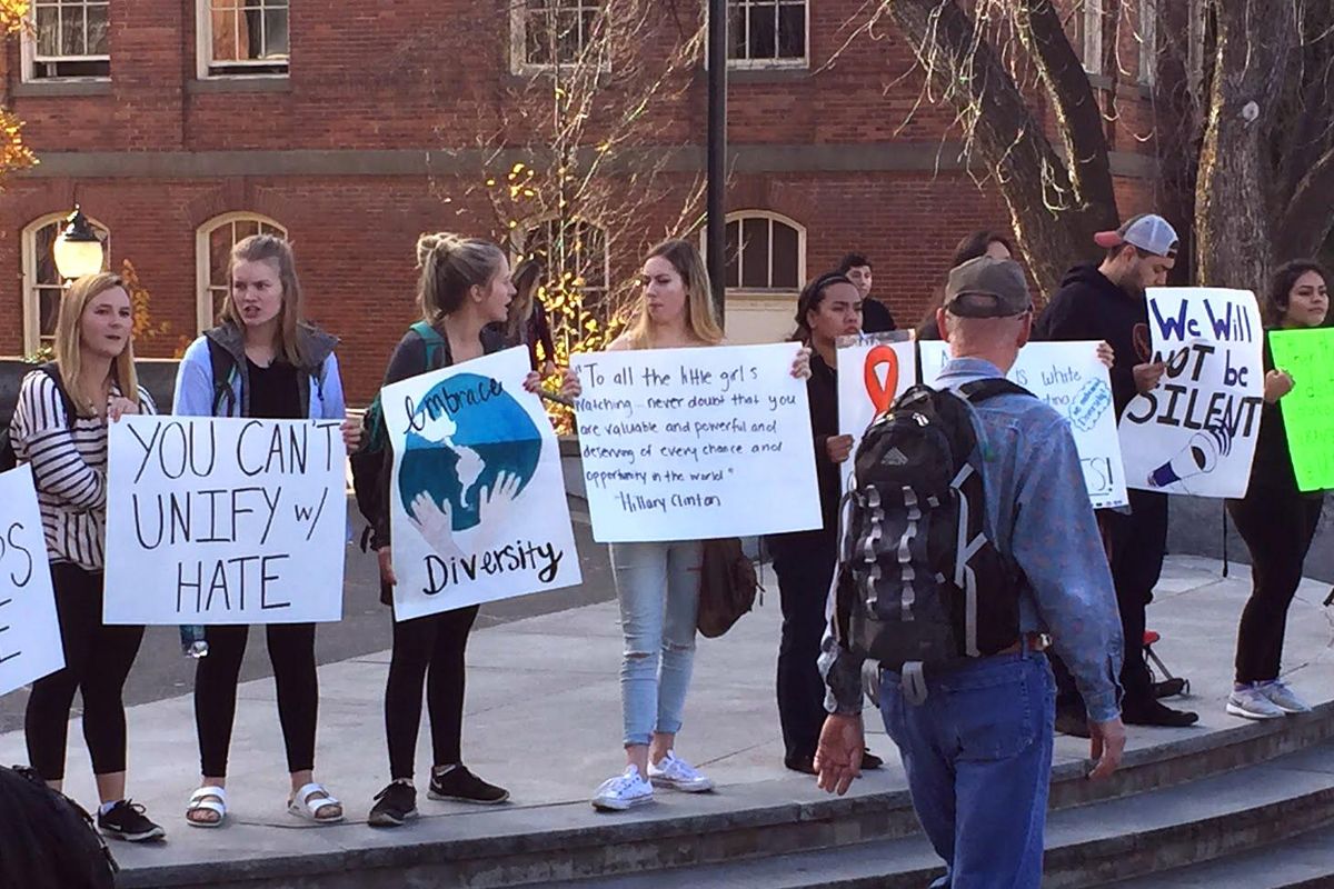 Washington State University students gathered on the Glenn Terrell Friendship Mall Wednesday in protest and in support of the Nov. 8 election results. (Courtesy of Taehlor Crim | Murrow College of Communication / Courtesy of Taehlor Crim)