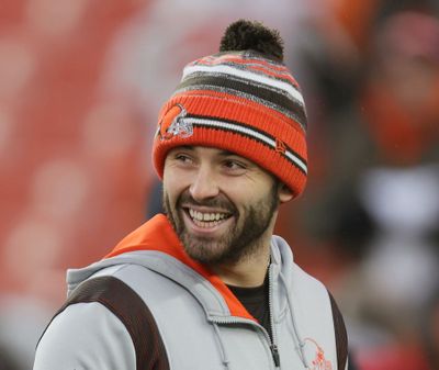 Cleveland Browns quarterback Baker Mayfield after warm ups before their game against the Cincinnati Bengals at FirstEnergy Stadium.  (Tribune News Service)