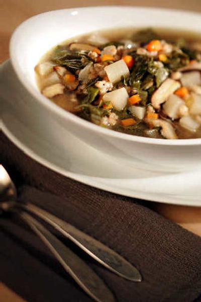 
Mushroom, Barley and Swiss Chard soup tasty for lunch or dinner.
 (Bob Chamberlin Los Angeles Times / The Spokesman-Review)