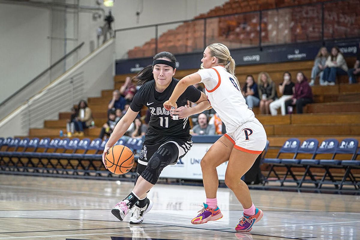 Gonzaga guard Kayleigh Truong drives against Pepperdine guard Addi Melone on Saturday in Malibu, Calif.  (Courtesy of Gonzaga Athletics)