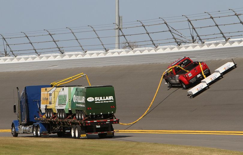This is the NASCAR Air Titan track drying system while it was being tested at Daytona International Speedway. The system utilizes compressed air and will dramatically reduce the amount of time it takes to dry the track. (Photo credit: Mike Meadows/ISC)