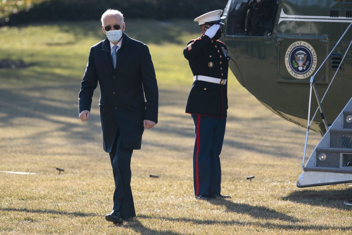 President Joe Biden arrives on the South Lawn of the White House, Monday, Feb. 8, 2021, in Washington.  (Evan Vucci)