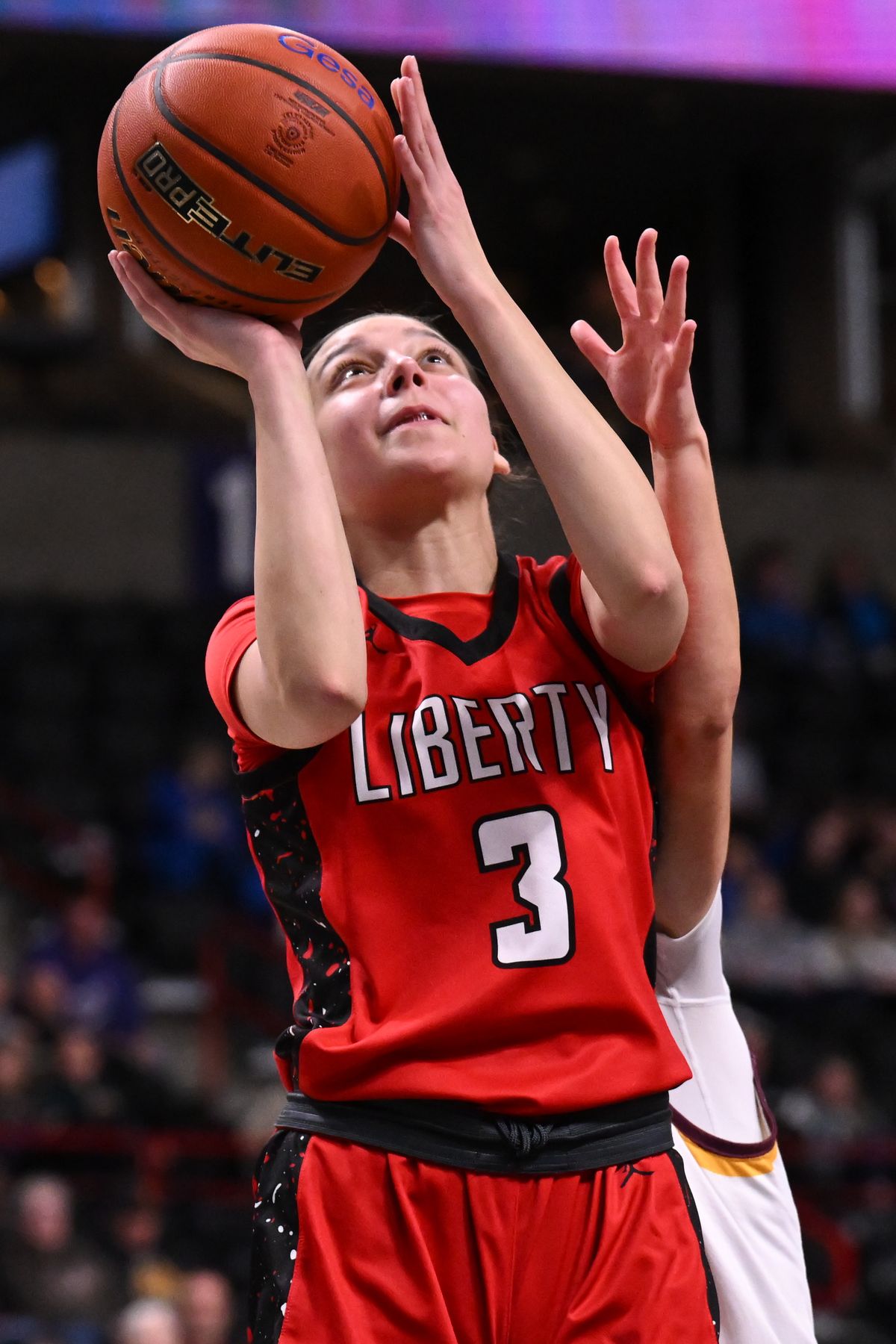 Liberty’s Brenna Tiegs (3) shoots against Cle Elum-Roslyn during the second half of a WIAA State 2B high school basketball game on Wednesday, Mar. 5, 2025, at Spokane Arena in Spokane, Wash. (Tyler Tjomsland/The Spokesman-Review)