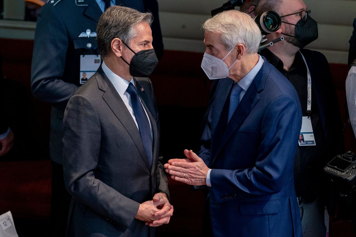 FILE - Secretary of State Antony Blinken, left, speaks with Sen. Rob Portman, R-Ohio, right, before Vice President Kamala Harris speaks during the Munich Security Conference, on Feb. 19, 2022, in Munich.  (Andrew Harnik)