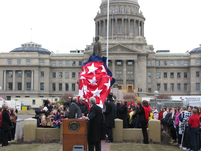 Idaho's newly restored and relocated Lincoln monument is unveiled in downtown Boise, 2/12/09 (Betsy Russell / The Spokesman-Review)