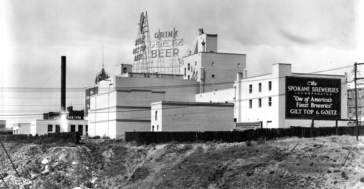 The old Spokane Breweries plant on the corner of Lincoln Street and Broadway Avenue that was pressed back into service (it had been making vinegar) after the Prohibition era ended in 1933. Harry Goetz, son of pioneer saloonkeeper and hotel operator “Dutch Jake” Goetz, then incorporated his own brewery. The Goetz Beer name died out around 1940, and the production facility made Rainier beer for many years until the plant was torn down around 1962. (Charles Libby/Washington State Archives )