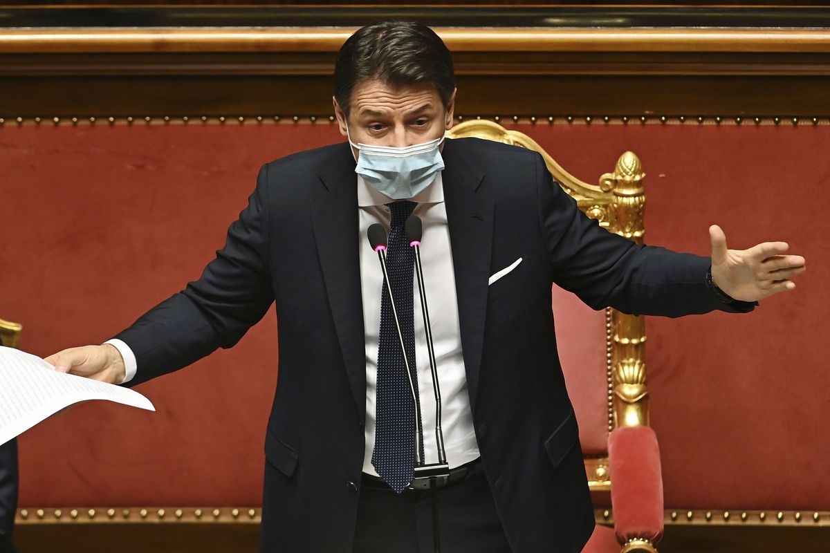 Premier Giuseppe Conte delivers his speech at the Senate, in Rome, Tuesday, Jan. 19, 2021. Conte fights for his political life with an address aimed at shoring up support for his government, which has come under fire from former Premier Matteo Renzi