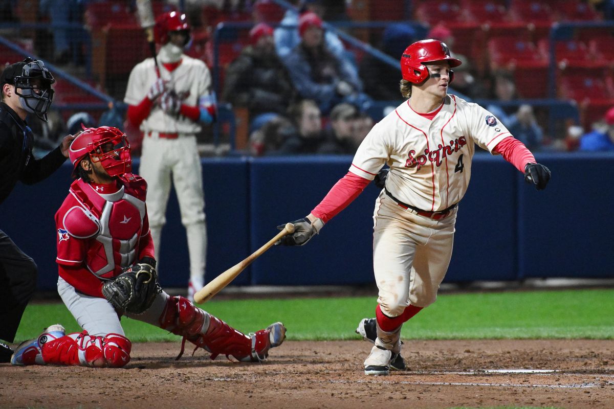 Spokane Indians shortstop Cole Carrigg swings against the Vancouver Canadians at Avista Stadium.   (James Snook/Spokane Indians)