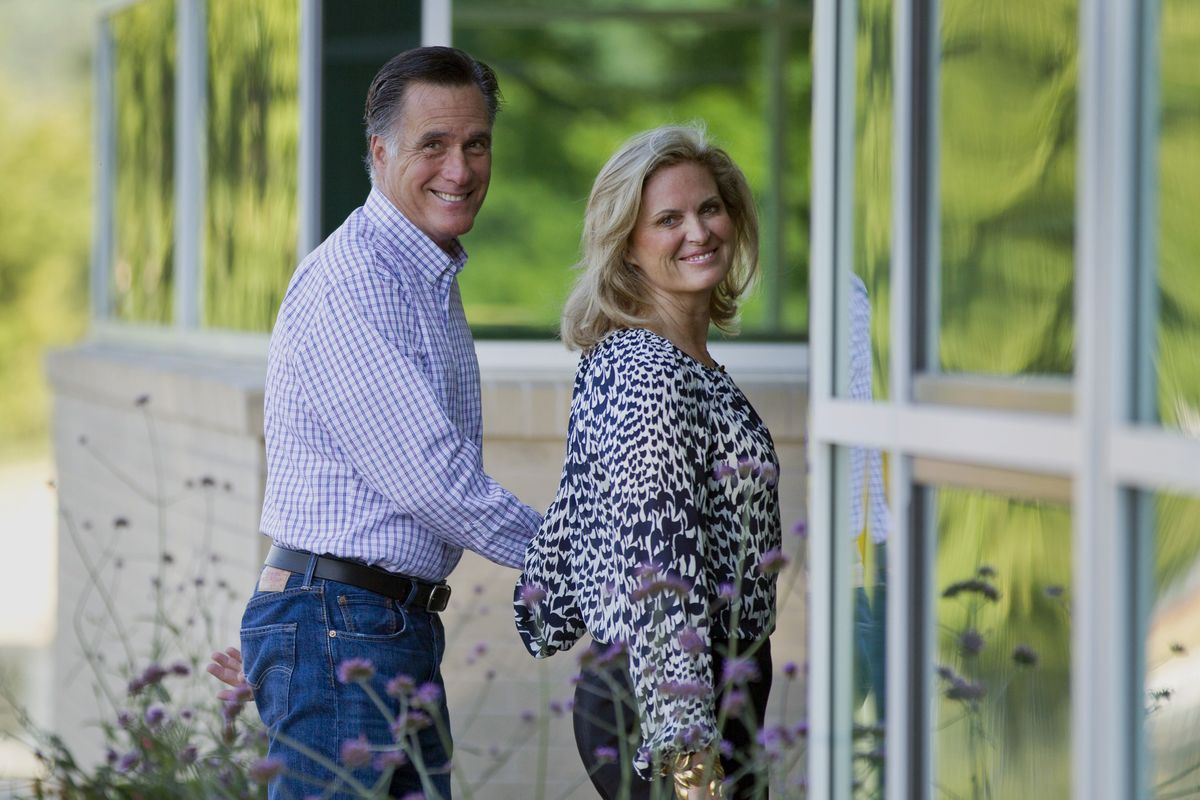 Republican presidential candidate, former Massachusetts Gov. Mitt Romney and his wife Ann, arrive at Brewster Academy, for convention preparations in Wolfeboro, N.H., Aug. 27, 2012. The Romneys envision a White House enlivened by �little feet in the hallway�, 18 visiting grandkids and they are dishing out personal details as they try to warm up a candidate burdened by a cold-fish image. America may not be ready for this one: Instead of syrup, Mitt Romney slathers his pancakes with peanut butter. (Evan Vucci / Associated Press)