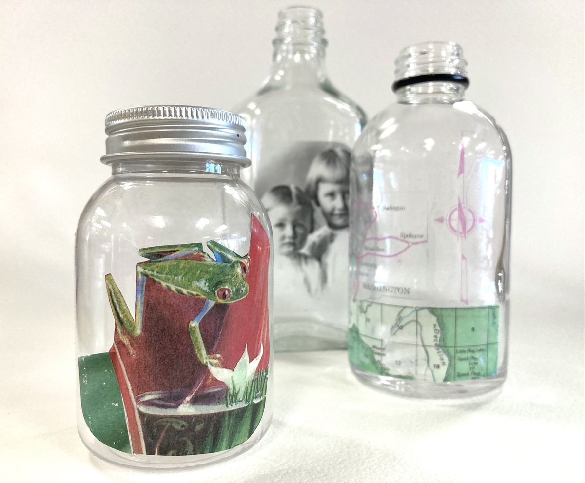 Use old photos, magazine pages, maps and other images to decorate old jars and bottles.  (Katie Patterson Larson/For The Spokesman-Review)
