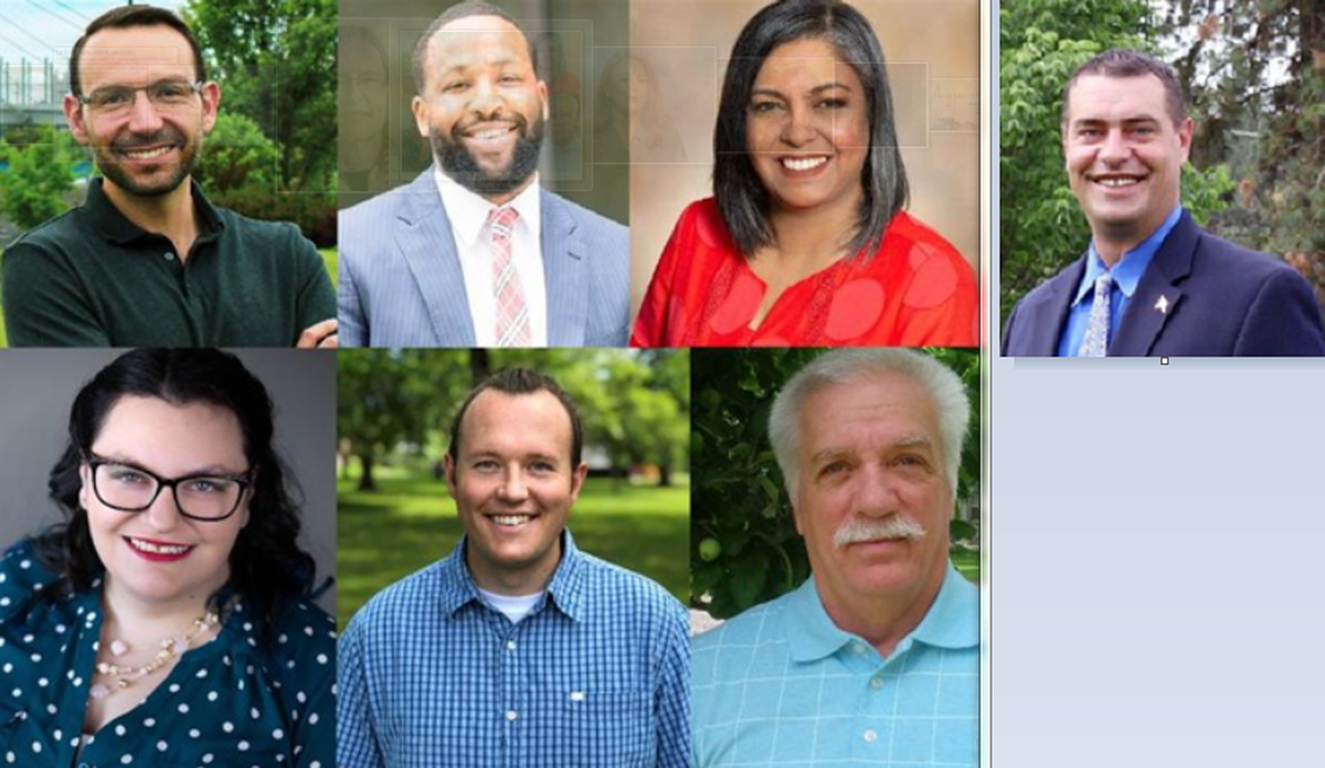 Candidates who’ve filed for the Aug. 6 2019 primary in the race for Spokane City Council, district 1, which represents northeast Spokane. Top row: Michael Cathcart, Jerrall Haynes, Naghmana Sherazi and Tim Benn. Bottom row: Krys Brown, Louis Lefebvre and Doug Salter. (Courtesy photos)